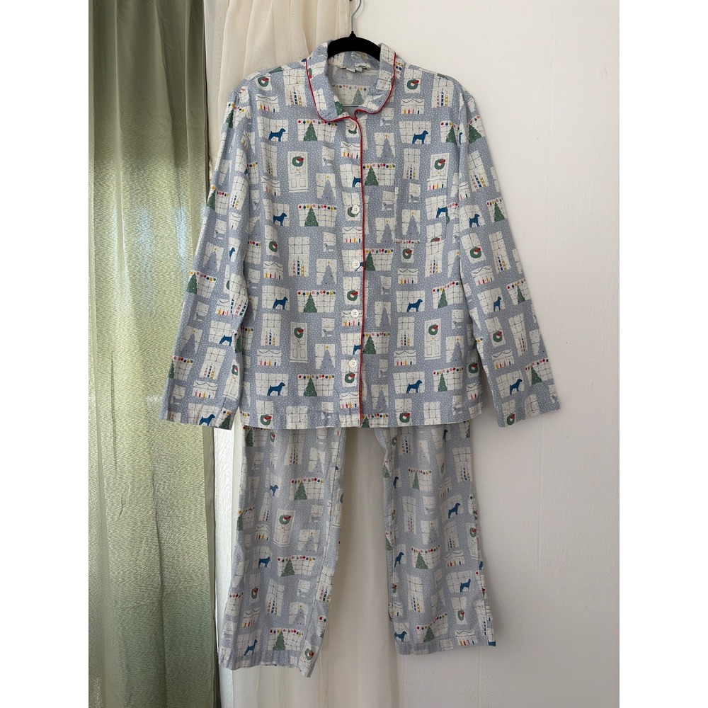 Boden Pajama Set Womens Small Blue Christmas Holiday Dogs Cotton Loungewear